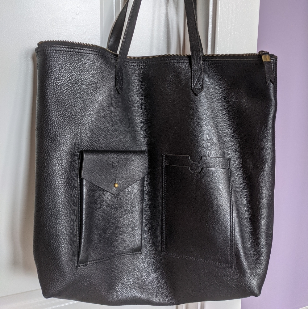 Madewell black leather zip top transport tote